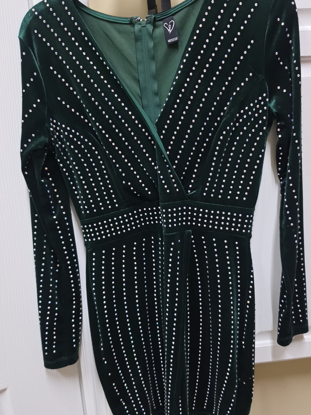 Windsor Emerald Green Velvet Rhinestone Long Sleeve Wrap Dress